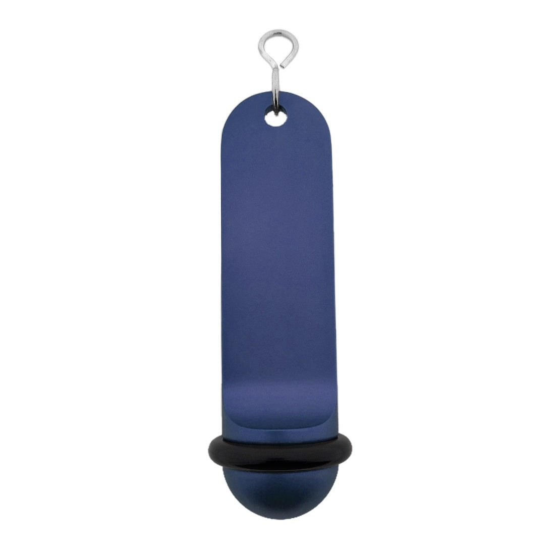 Front view of the large plain blue retro hotel key tag (100x50mm) with a silver S-hook fastener and black rubber ring.