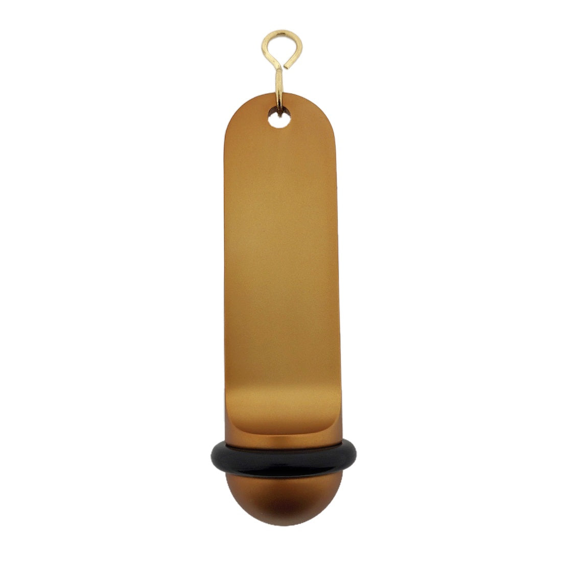 Front view of the large plain bronze retro hotel key tag (100x50mm) with a gold S-hook fastener and black rubber ring.
