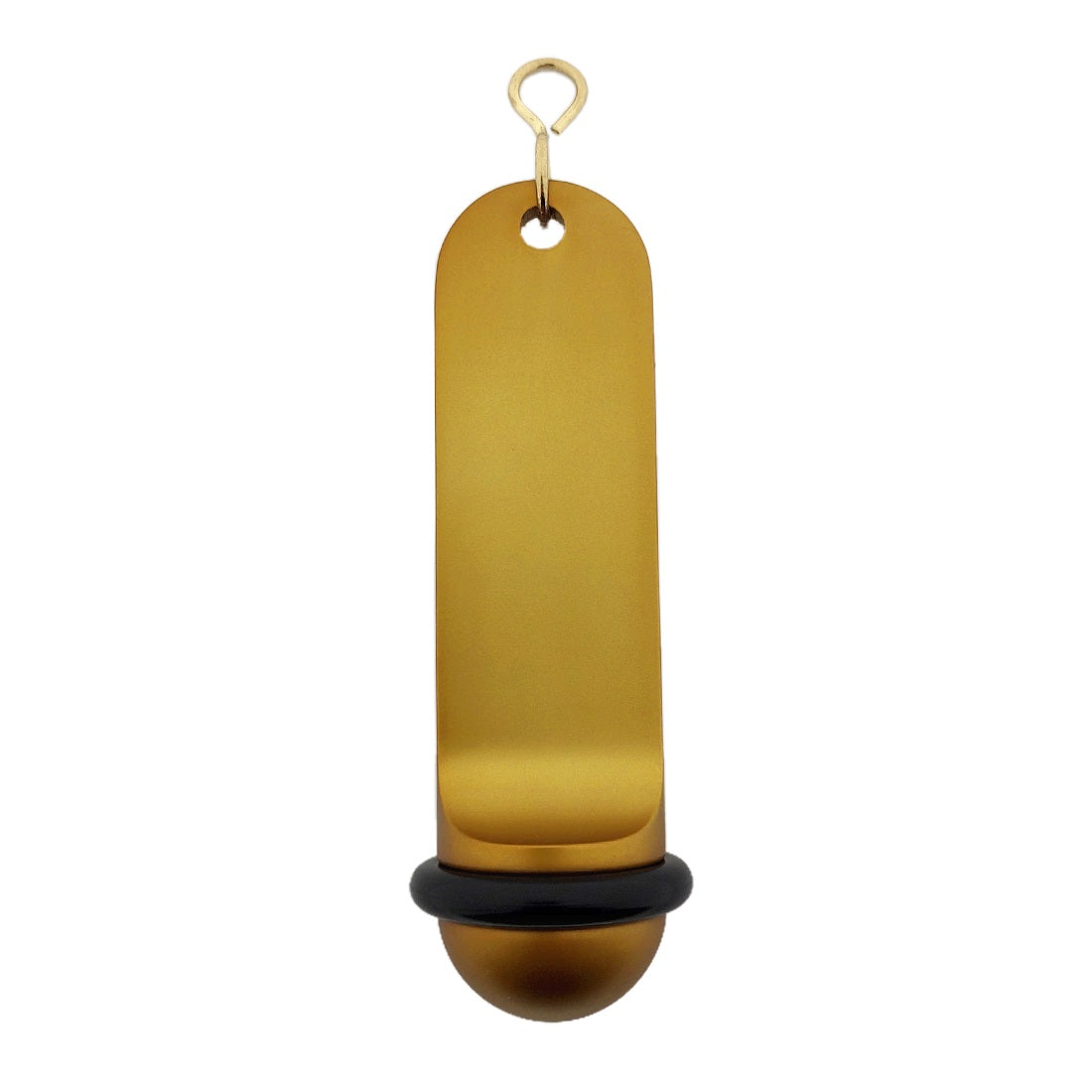 Front view of the large plain gold retro hotel key tag (100x50mm) with a gold S-hook fastener and black rubber ring.