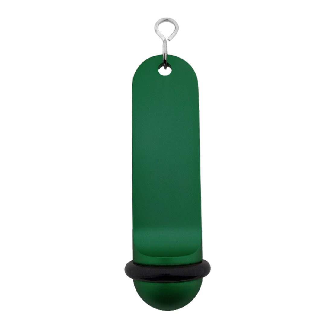 Front view of the large plain green retro hotel key tag (100x50mm) with a silver S-hook fastener and black rubber ring.