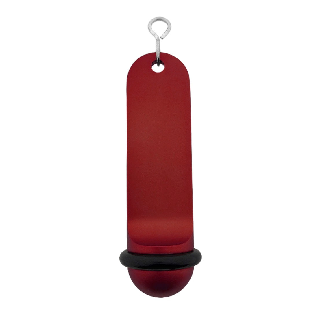 Front view of the large plain red retro hotel key tag (100x50mm) with a silver S-hook fastener and black rubber ring.