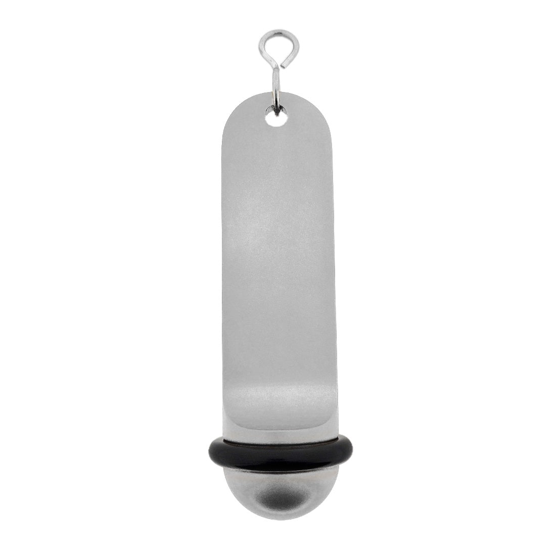 Front view of the large silver retro hotel key tag (100x50mm) with a silver S-hook fastener and black rubber ring.