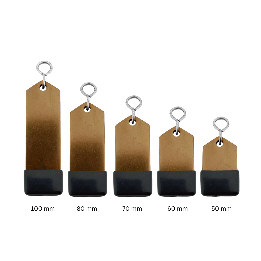 Bronze aluminium metal hotel key tags in all 5 sizes, rectangular with s-hook fastener and black rubber cap.