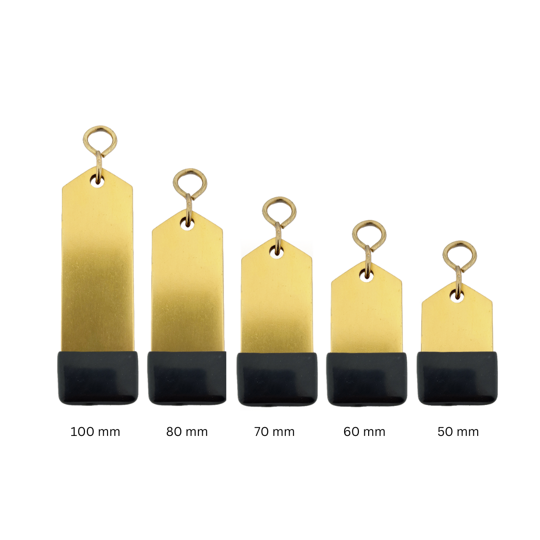Gold aluminium metal hotel key tags in all 5 sizes, rectangular with s-hook fastener and black rubber cap.