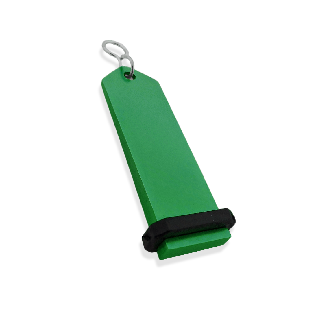 Large Green Aluminium Key Tag Rectangle 100x30mm With A silver S-hook Fastener and Black Rubber Ring Side View