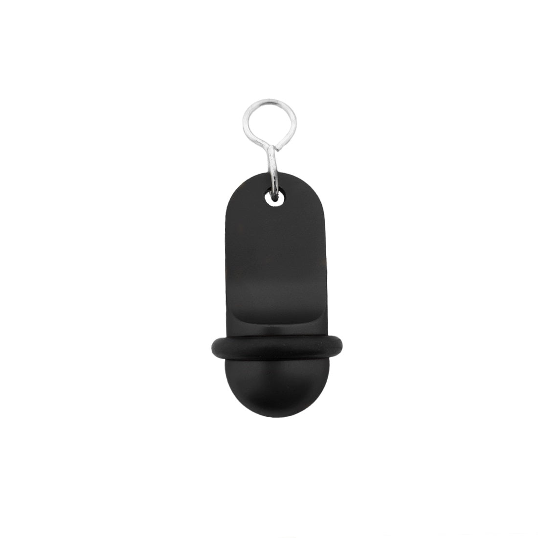 Black small retro aluminium motel key tag 60x25mm with a silver S-hook fastener and black rubber ring.