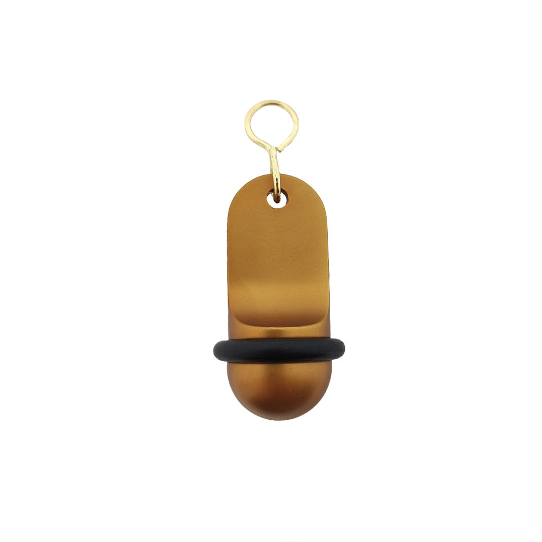 Bronze small retro aluminium motel key tag 60x25mm with a gold S-hook fastener and black rubber ring.