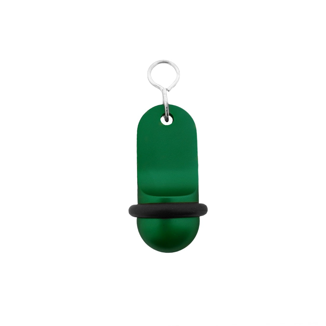 Green small retro aluminium motel key tag 60x25mm with a silver S-hook fastener and black rubber ring.