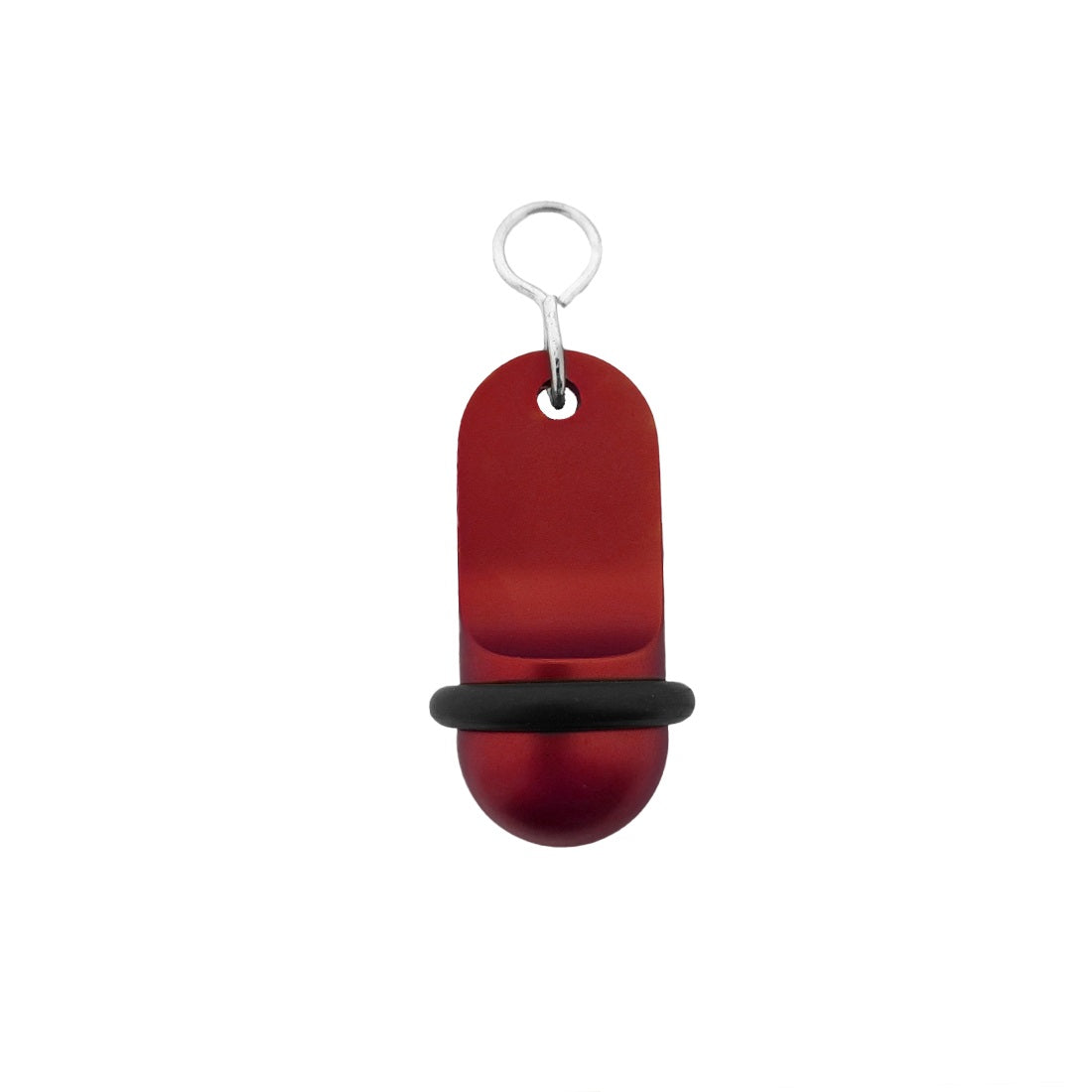 Red small retro aluminium motel key tag 60x25mm with a silver S-hook fastener and black rubber ring.