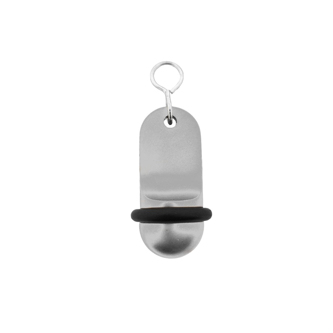 Silver small retro aluminium motel key tag 60x25mm with a silver S-hook fastener and black rubber ring.