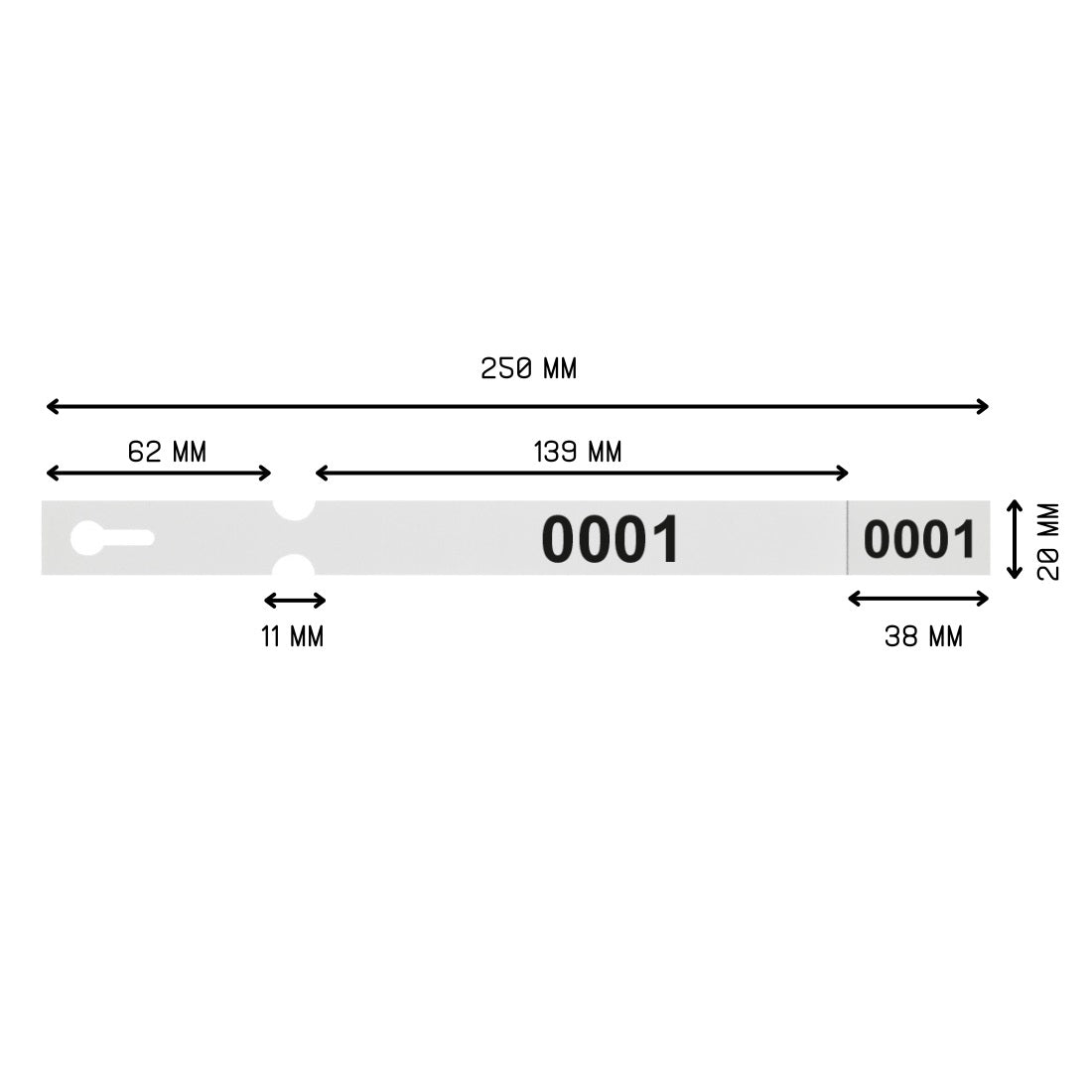 A single numbered self-locking loop lock label, measuring 250mm x 20mm, with a tear-off stub.