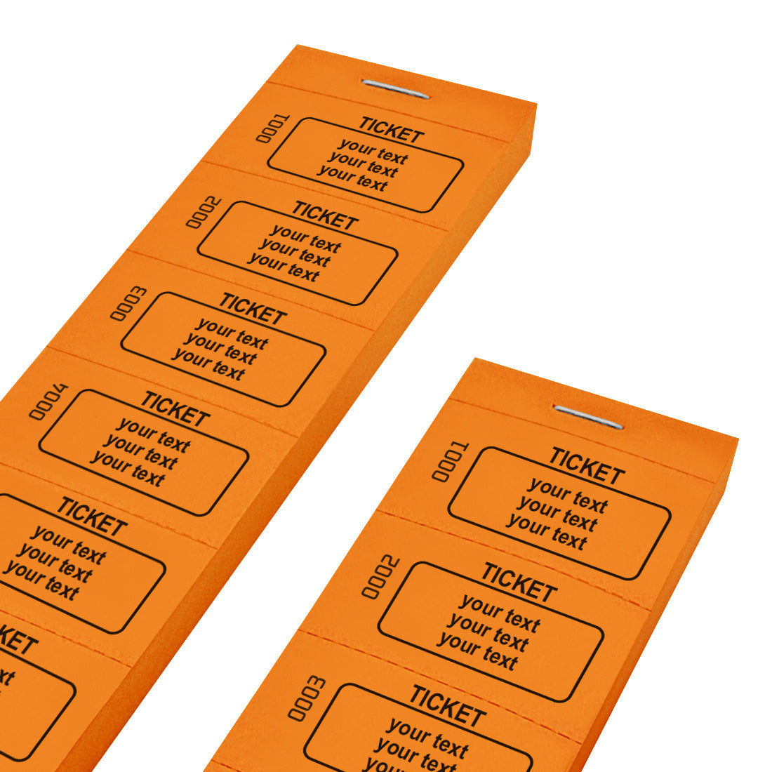 Custom Printed Orange Paper Tickets On Strips With Numbering and Three Lines Of Text Printing