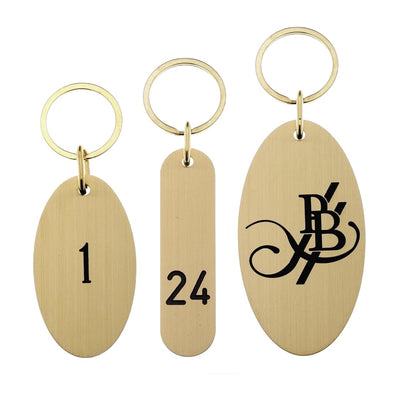 Oval Brushed Gold Brass Hotel Key Tags With Custom Engraving and Flat Key Ring