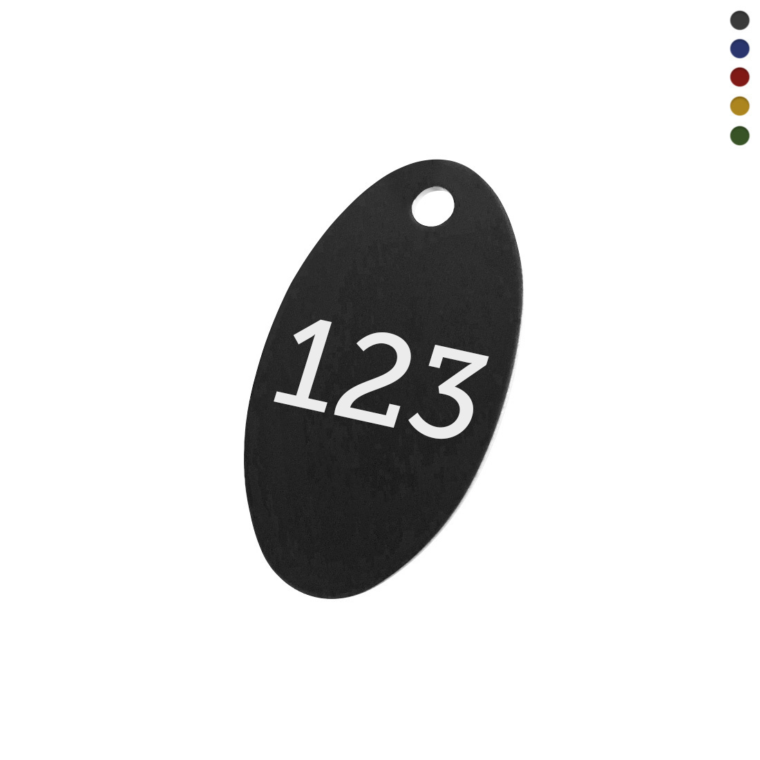 Aluminium Oval Number Tags With One Mounting or Hanging Hole at the Top With White Laser Engraving 40x24mm