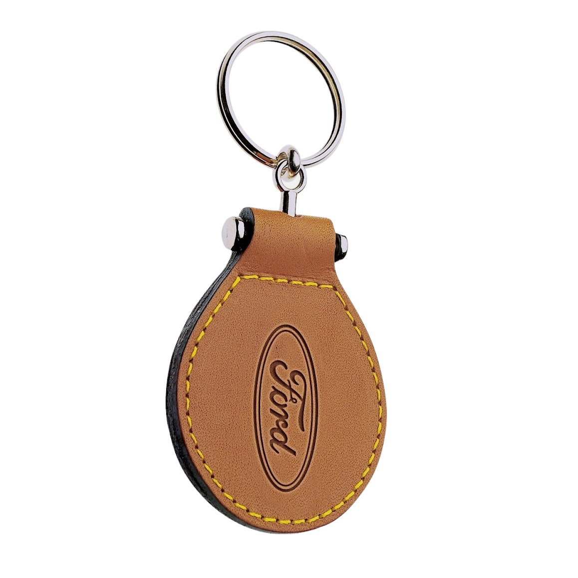 Oval Leather Hotel Key Tags With Silver Metal Connector and Split Key Ring | 105x43mm | Hot Stamped Engraving