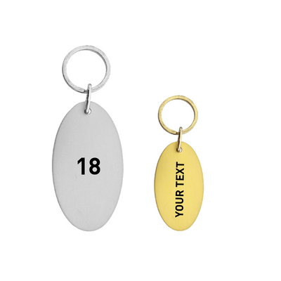 Oval Hotel Key Tags Silver and Gold Aluminium with Custom Black Laser Engraving Two Size Options