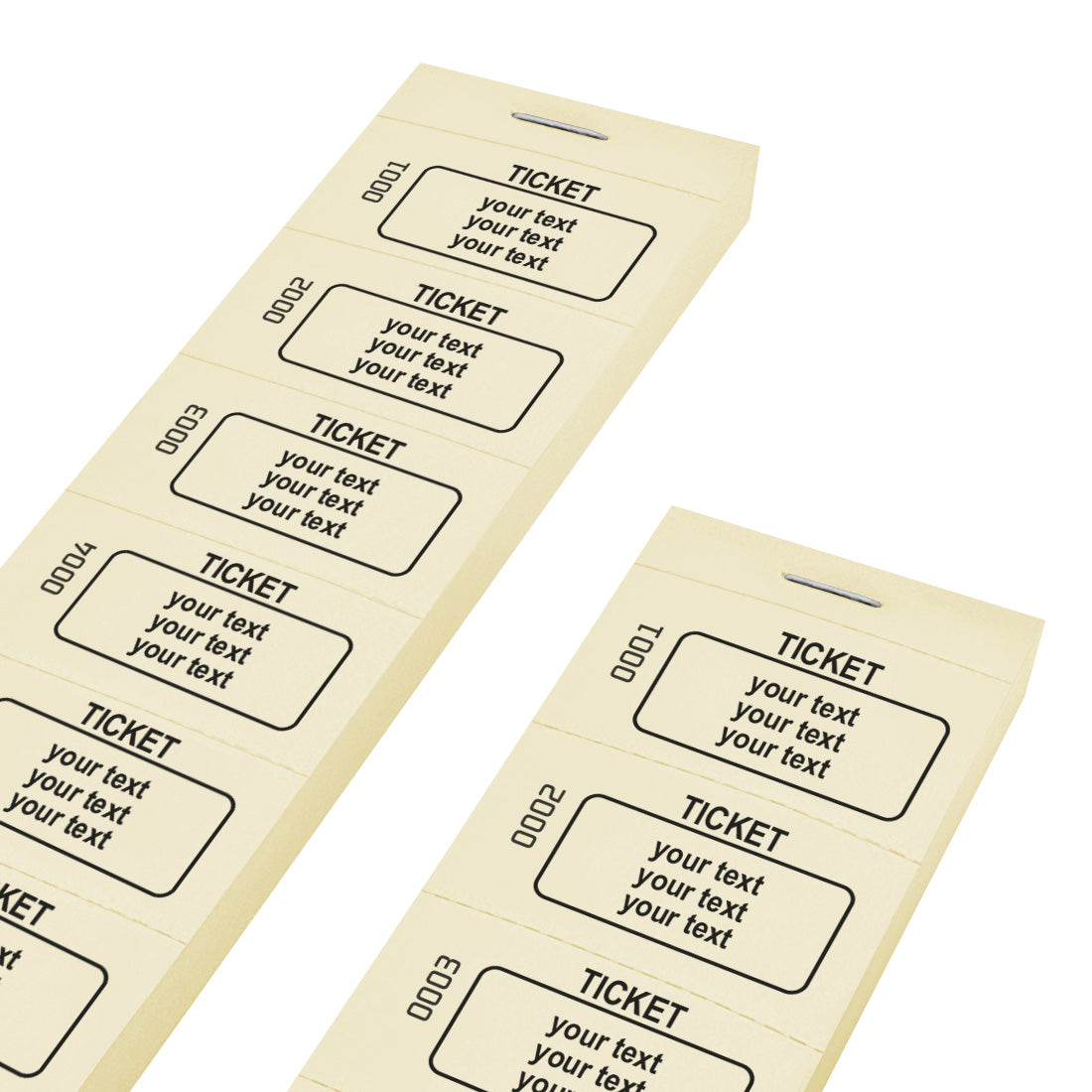Paper Ticket Strips On Pastel Yellow Paper With Three Lines of Custom Text and Sequential Numbering