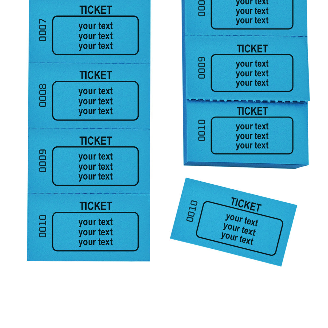 Custom Printed Ticket Strips With Three Lines Of Text Sequentially Numbered Blue 5 or 10 ticket strips perforated for easy dispensing