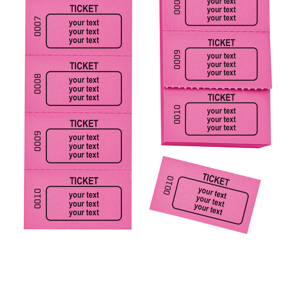 Perforated Drink and Food Tickets On Pink Paper With Three Lines Of Personalised Text And Consecutive Numbering