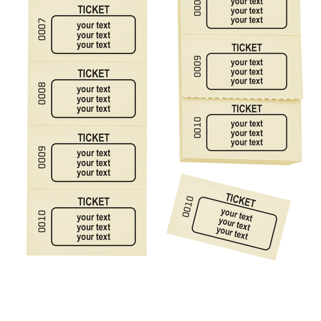 Perforated Paper Ticket Strips With Consecutive Numbering And Three Lines of Text 