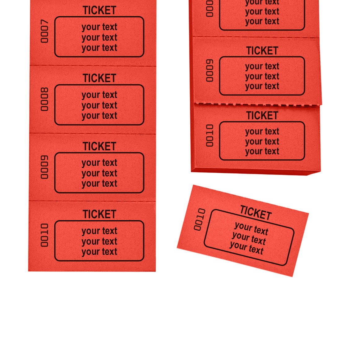 Perforated Red Paper Tickets On Strips With Text and Consecutive Number Printing