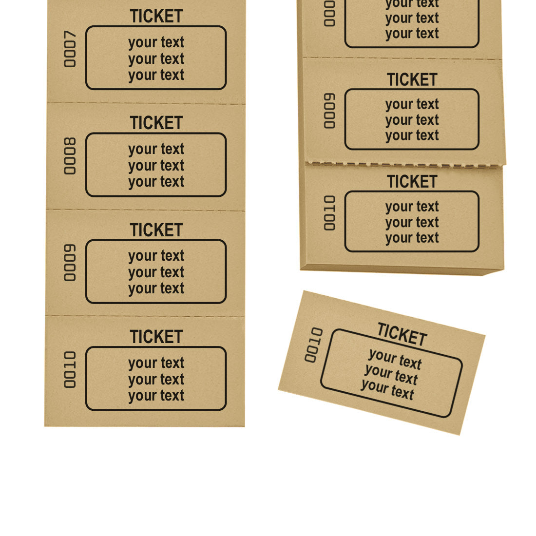 Custom Printed Ticket Strips With Three Lines Of Text Sequentially Numbered Carmel 5 or 10 ticket strips