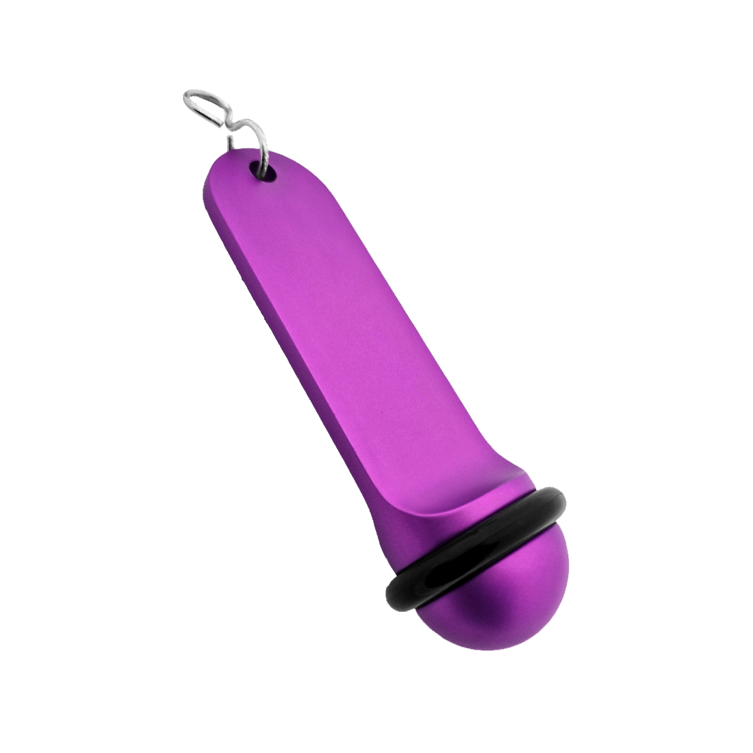 Side view of the large purple aluminium hotel key tag (105x30mm) with a silver S-hook fastener and black rubber protection ring.