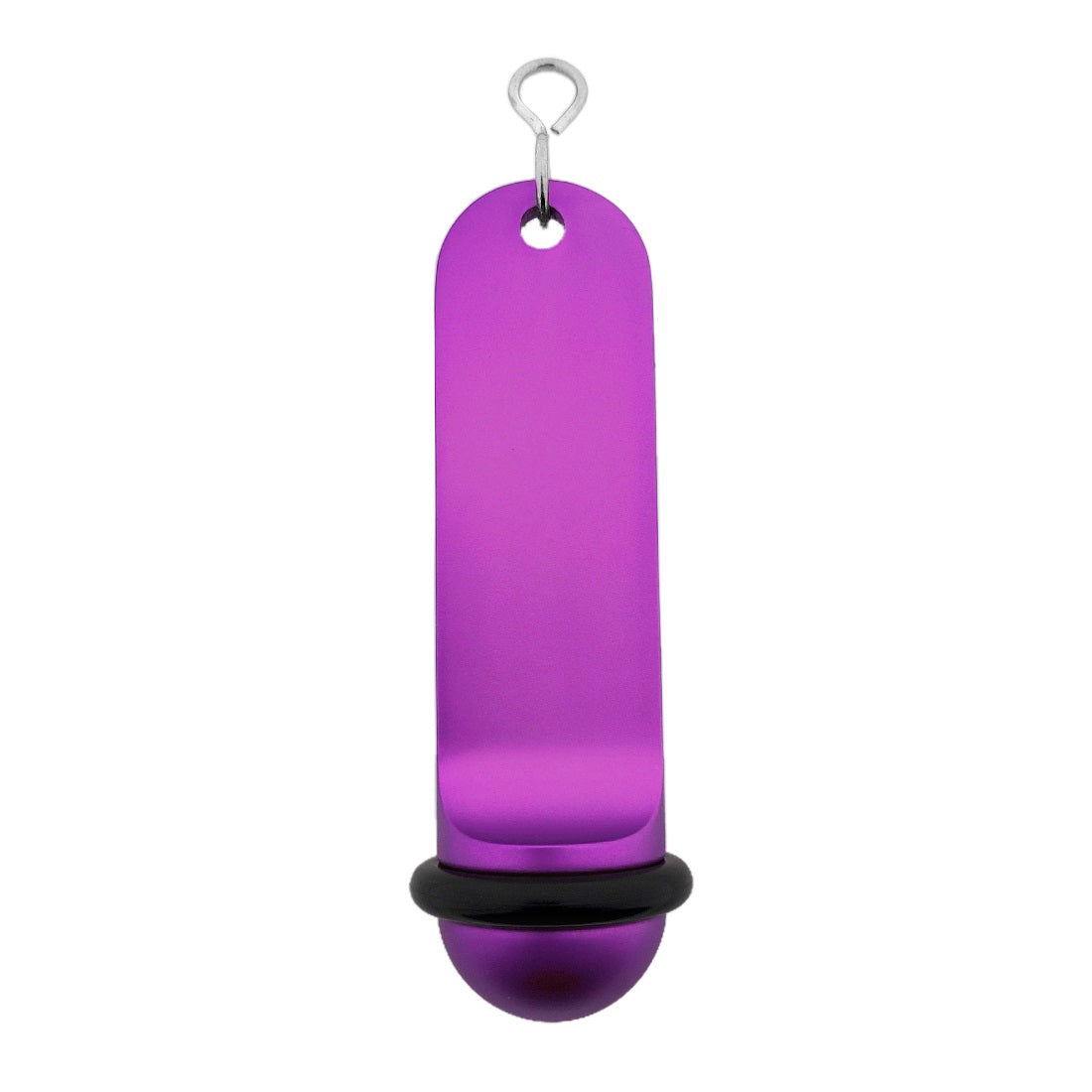 Front view of the large purple retro hotel key tag (100x50mm) with a silver S-hook fastener and black rubber ring.