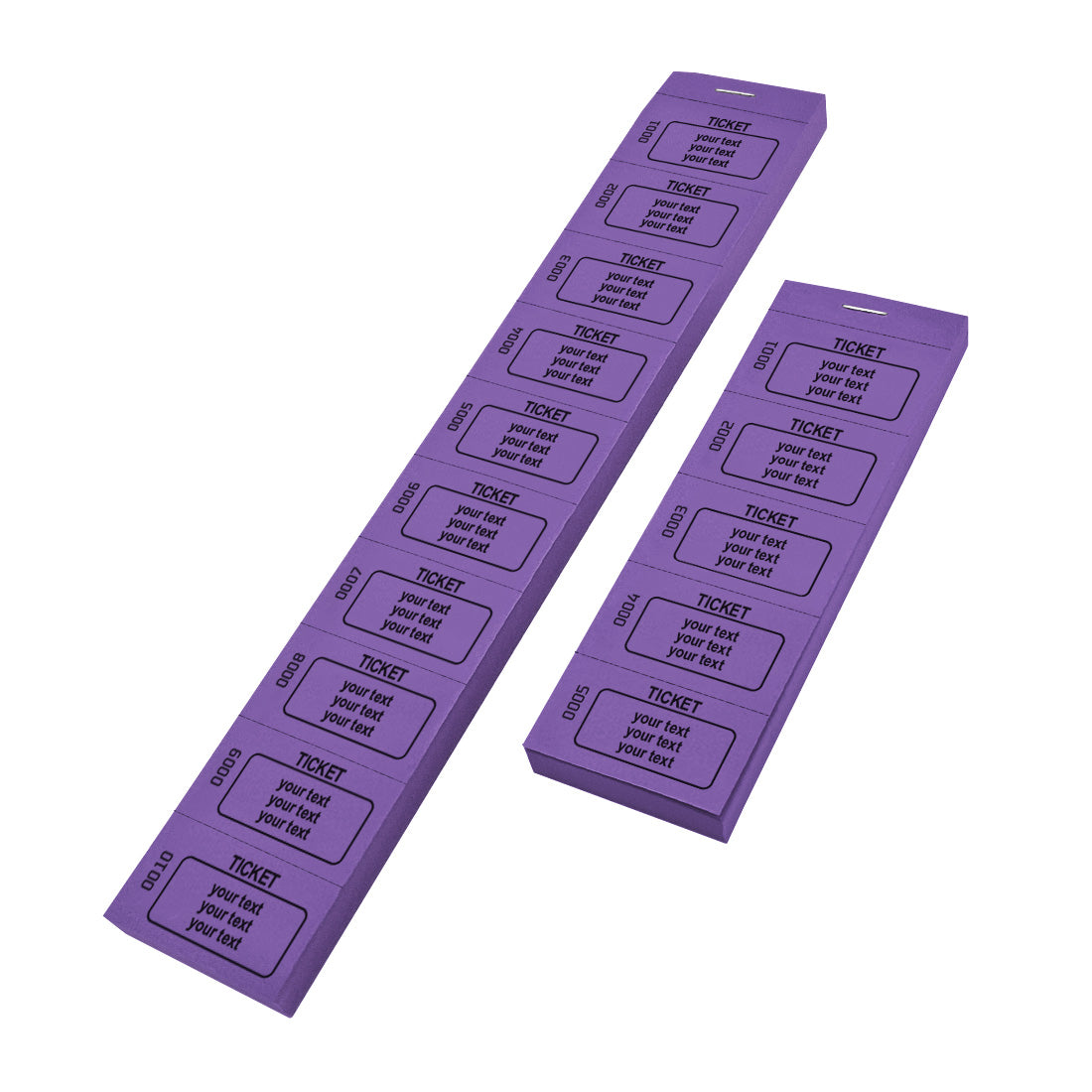 Purple Custom Printed Ticket Strips with Three Lines of Text and Consecutive Numbering 5 Or 10 Ticket Strips