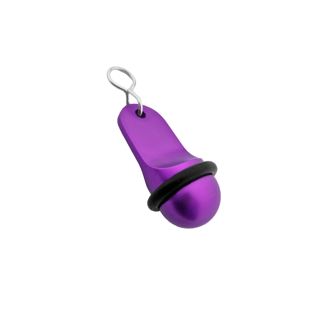 Side view of the small purle aluminium hotel key tag (60x25mm) with a silver S-hook fastener and black rubber protection ring.