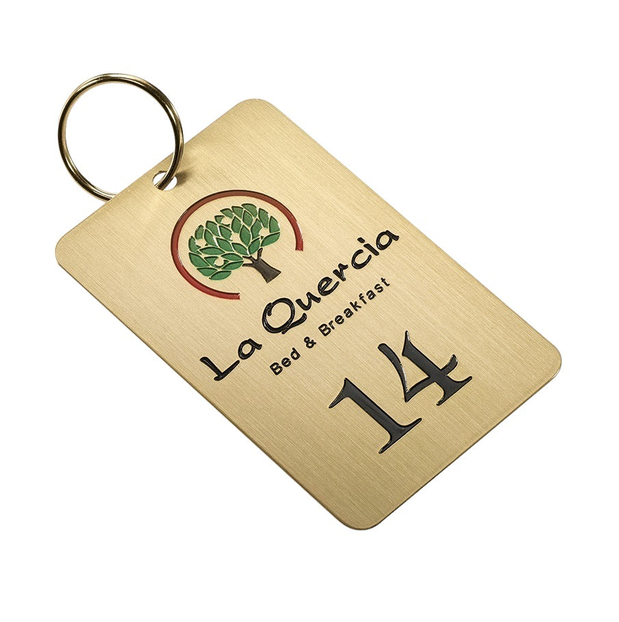 Rectangle Brushed Gold Brass Hotel Key Tags With Custom Engraving and Key Ring