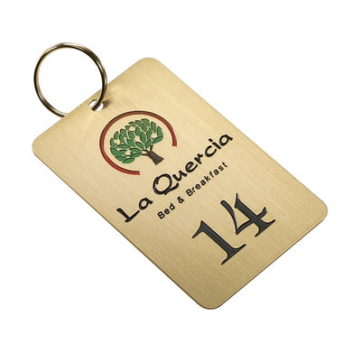 Rectangle Brushed Gold Brass Hotel Key Tags With Custom Engraving and Key Ring