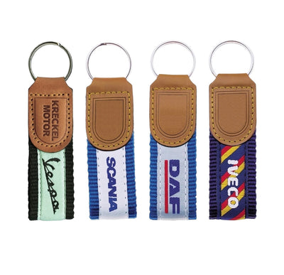 Leather Car Dealership Key Tags With Embroidered Colourful Nylon Strap | 120x30mm | Hot Stamped Engraving