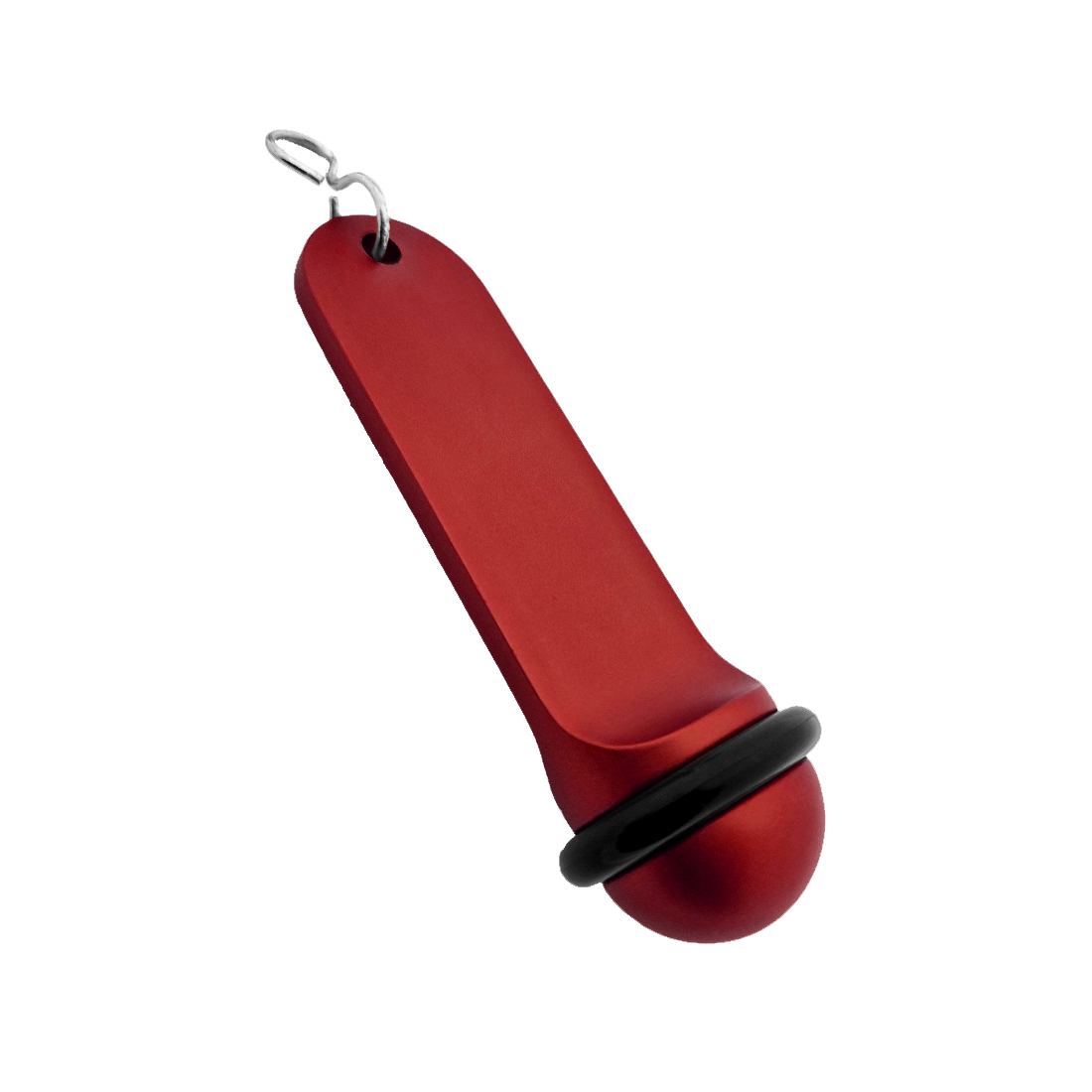 Side view of the large red aluminium hotel key tag (105x30mm) with a silver S-hook fastener and black rubber protection ring.