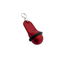 Side view of the small red aluminium hotel key tag (60x25mm) with a silver S-hook fastener and black rubber protection ring.