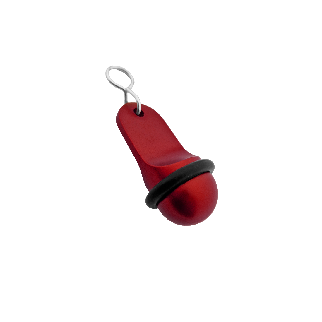 Side view of the small red aluminium hotel key tag (60x25mm) with a silver S-hook fastener and black rubber protection ring.