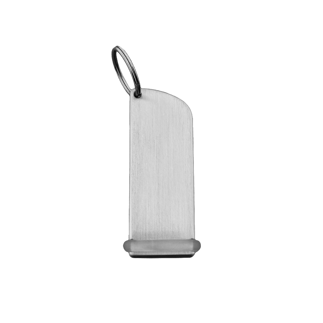 Large Rounded Rectangle Silver Aluminium Hotel Key Tags With Silver Split Ring and Clear Rubber Protection Ring Front View Vertical.