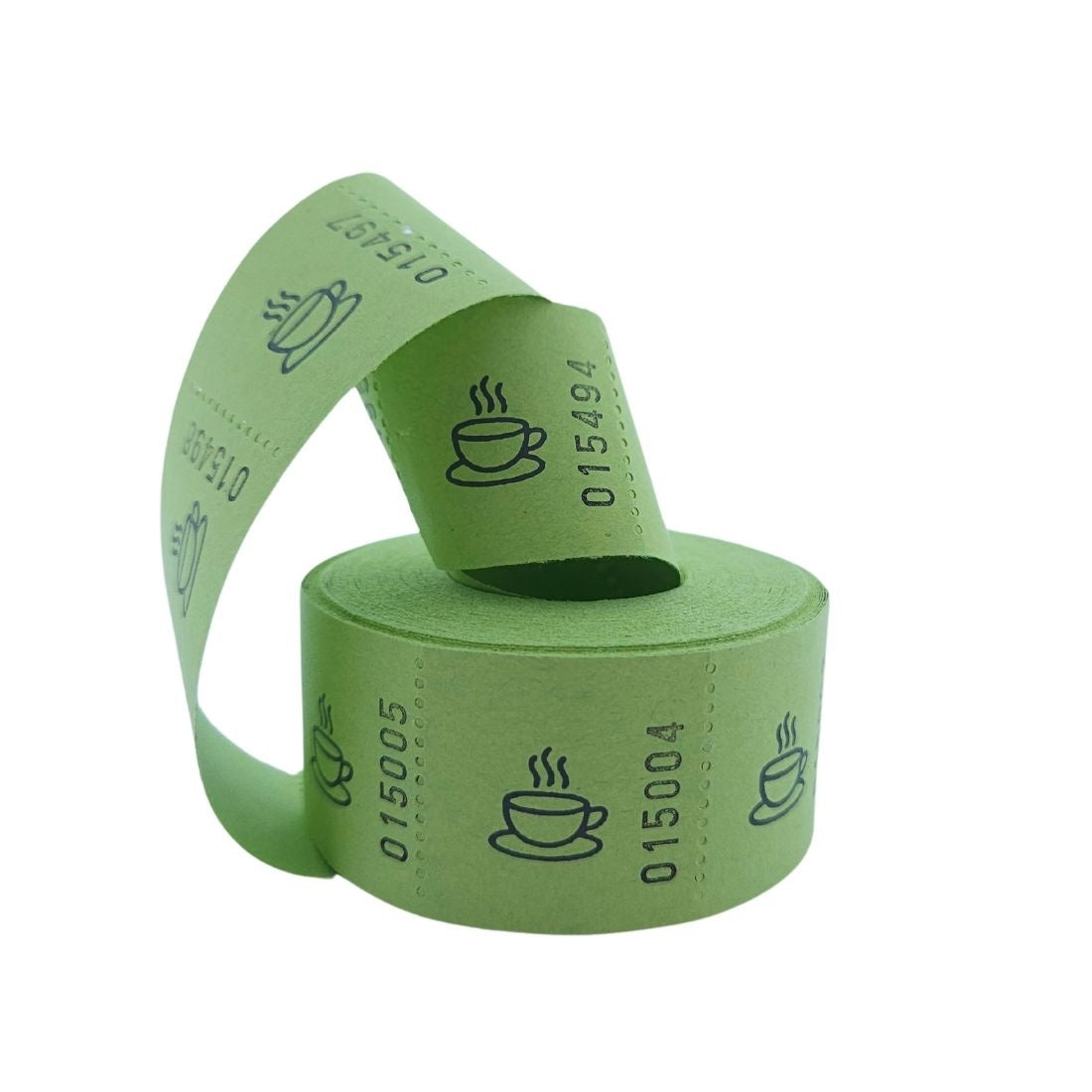 Roll Drink Tickets With Coffee Cup Icon In Green Colour With Consecutive Numbering