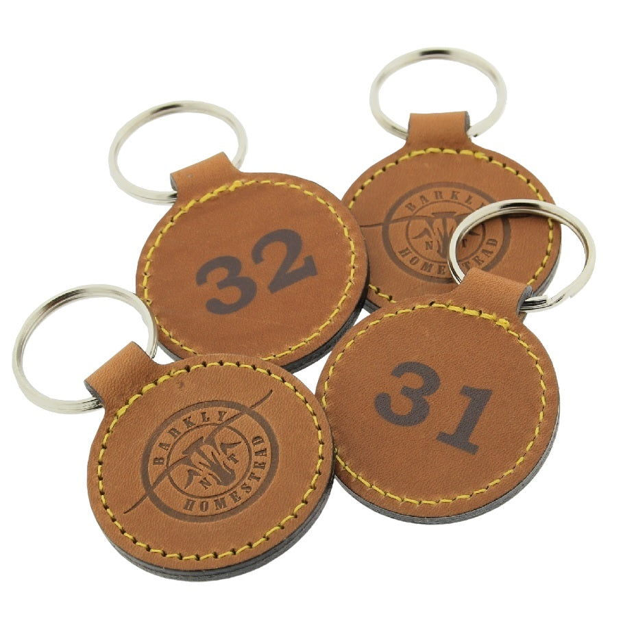 Round Leather or Artificial Leather Hotel Key Tags | 45mm | With Hot Stamped Engraving