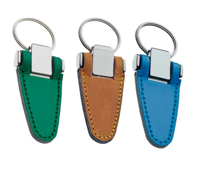 Shield Shape Leather Hotel Key Tags With Silver Metal Connector and Split Key Ring | 85x40mm | Hot Stamped Engraving