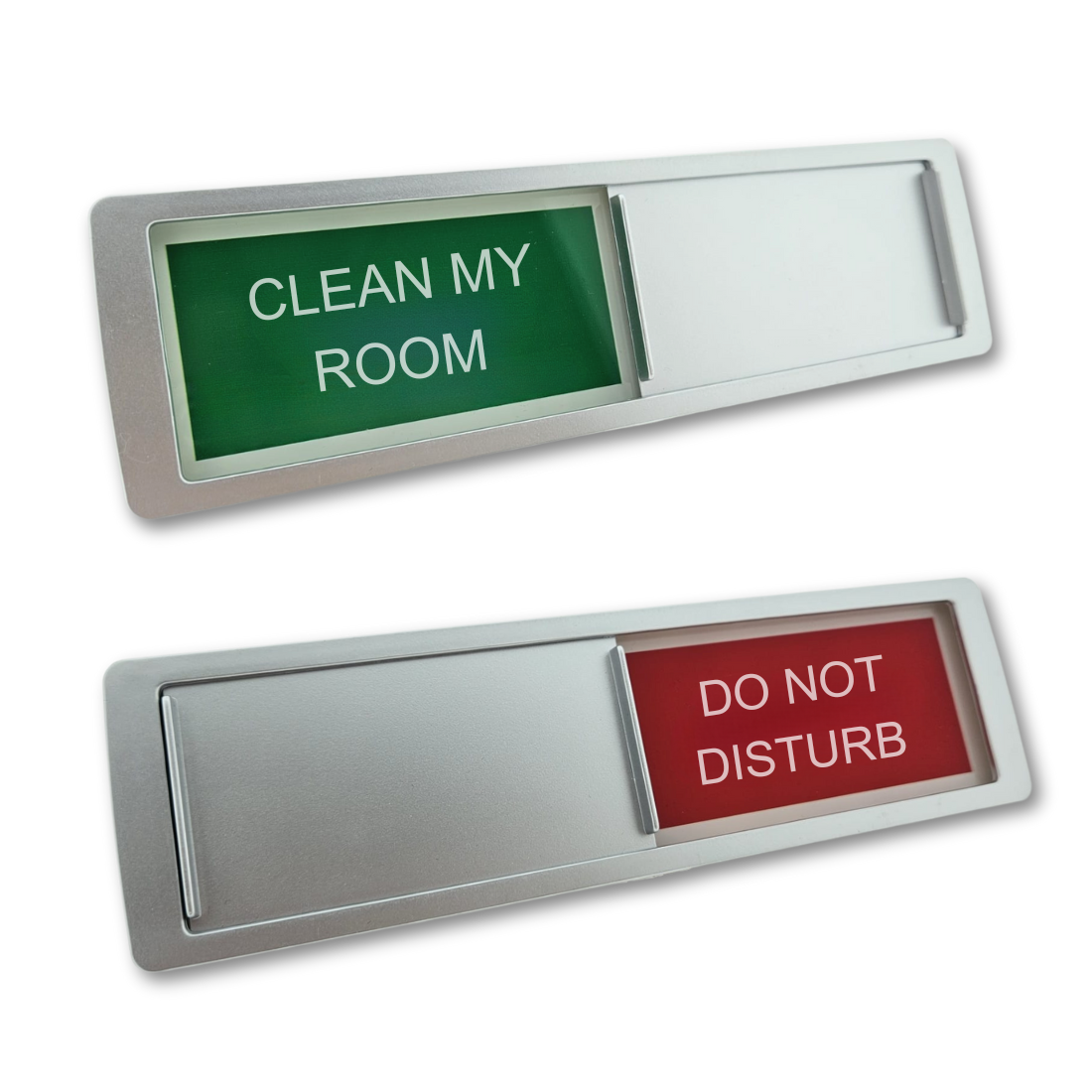 Silver frame sliding privacy indicator sign showing 'CLEAN MY ROOM' (top) and 'DO NOT DISTURB' (bottom).
