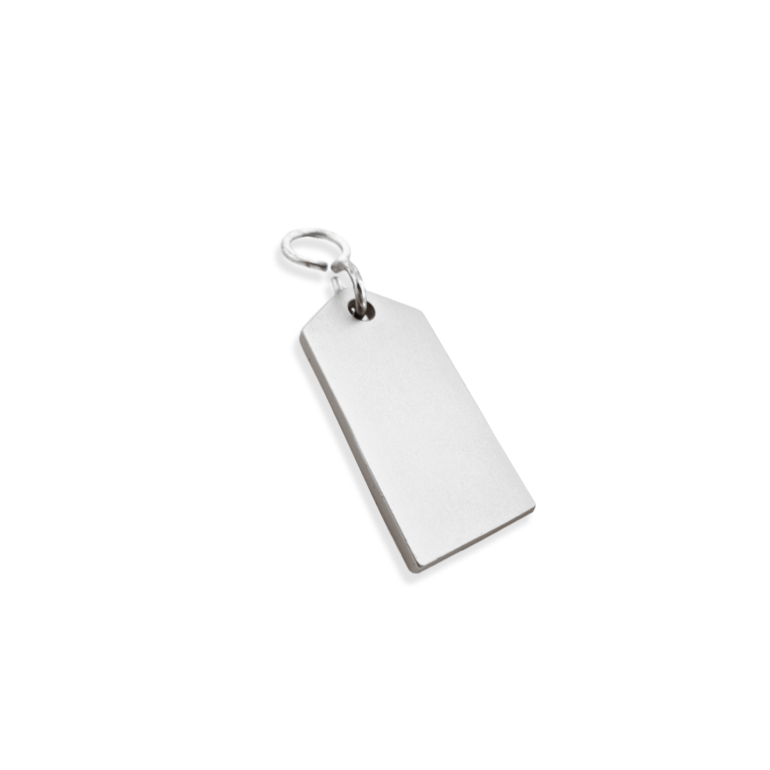 Blank Silver rectangular tag 60mm with a metal ring on a white background Side view