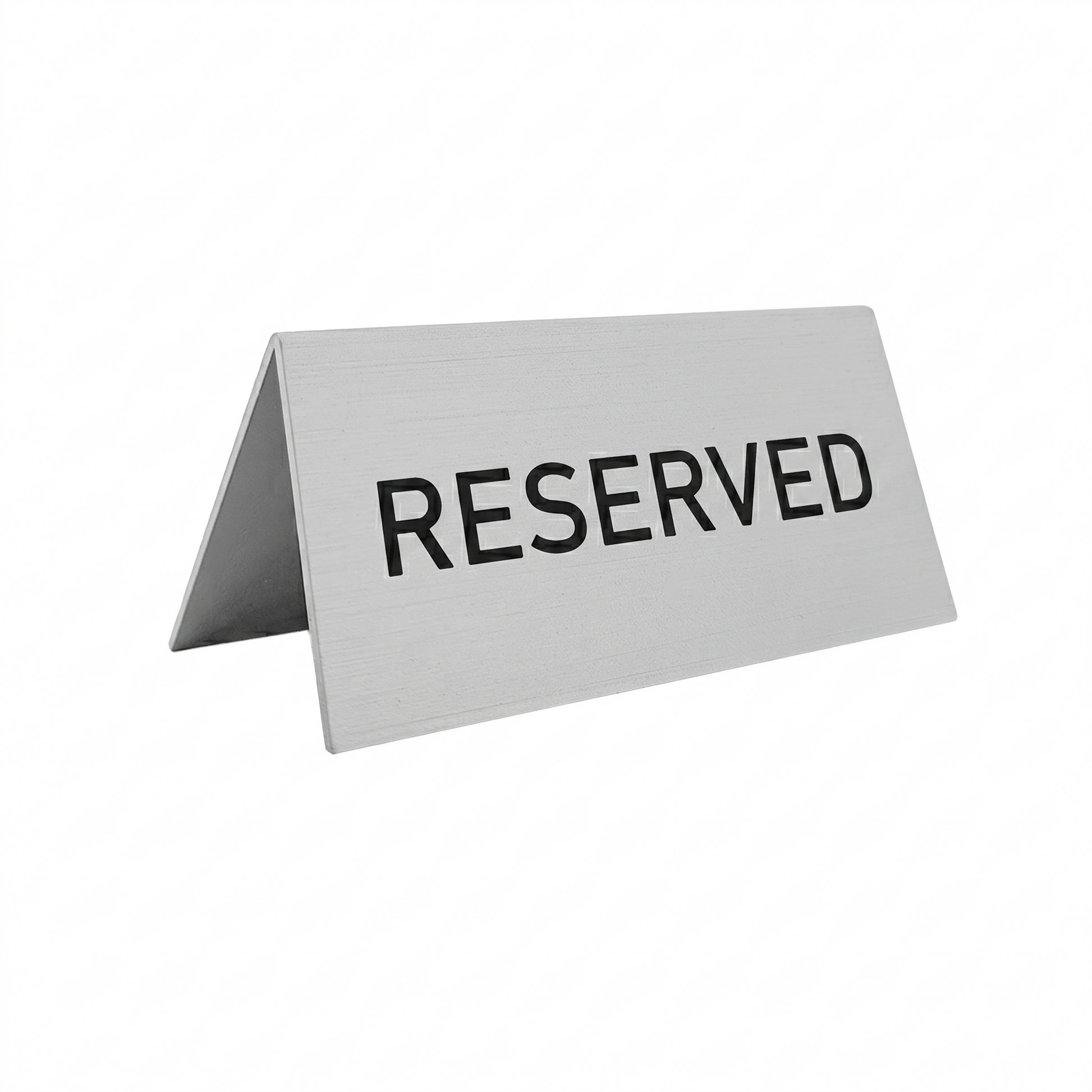 Professional Silver Aluminium Reserved Table Sign With A High-Profile Tent Design. Features Permanent Double-Sided Black Laser Engraving For Visibility.