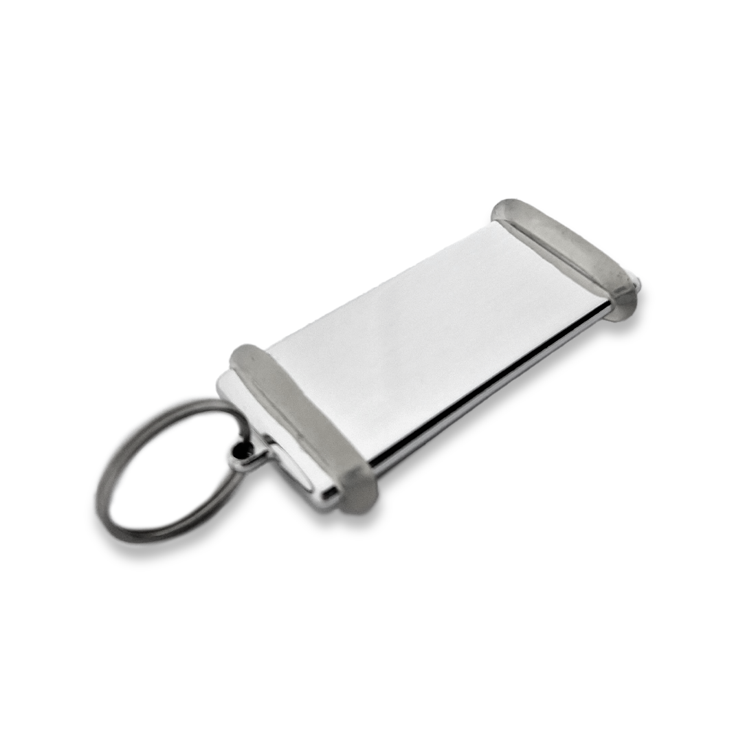 Silver Rectangle Hotel Key Tag With A Shine Finish, two transparent rubber rings and a silver splitring.
