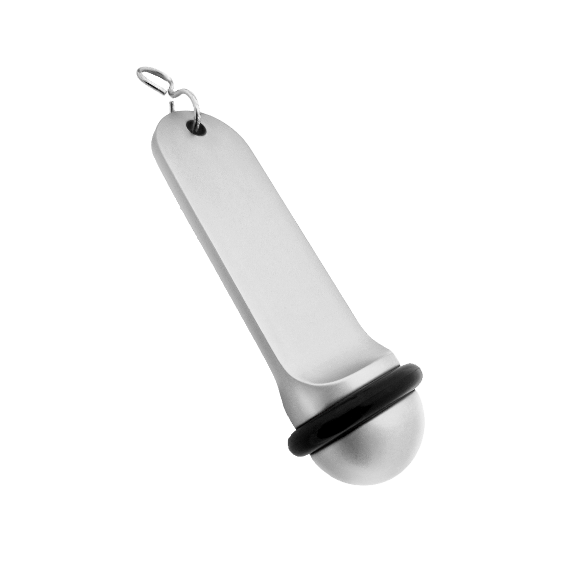 Side view of the large silver aluminium hotel key tag (105x30mm) with a silver S-hook fastener and black rubber protection ring.