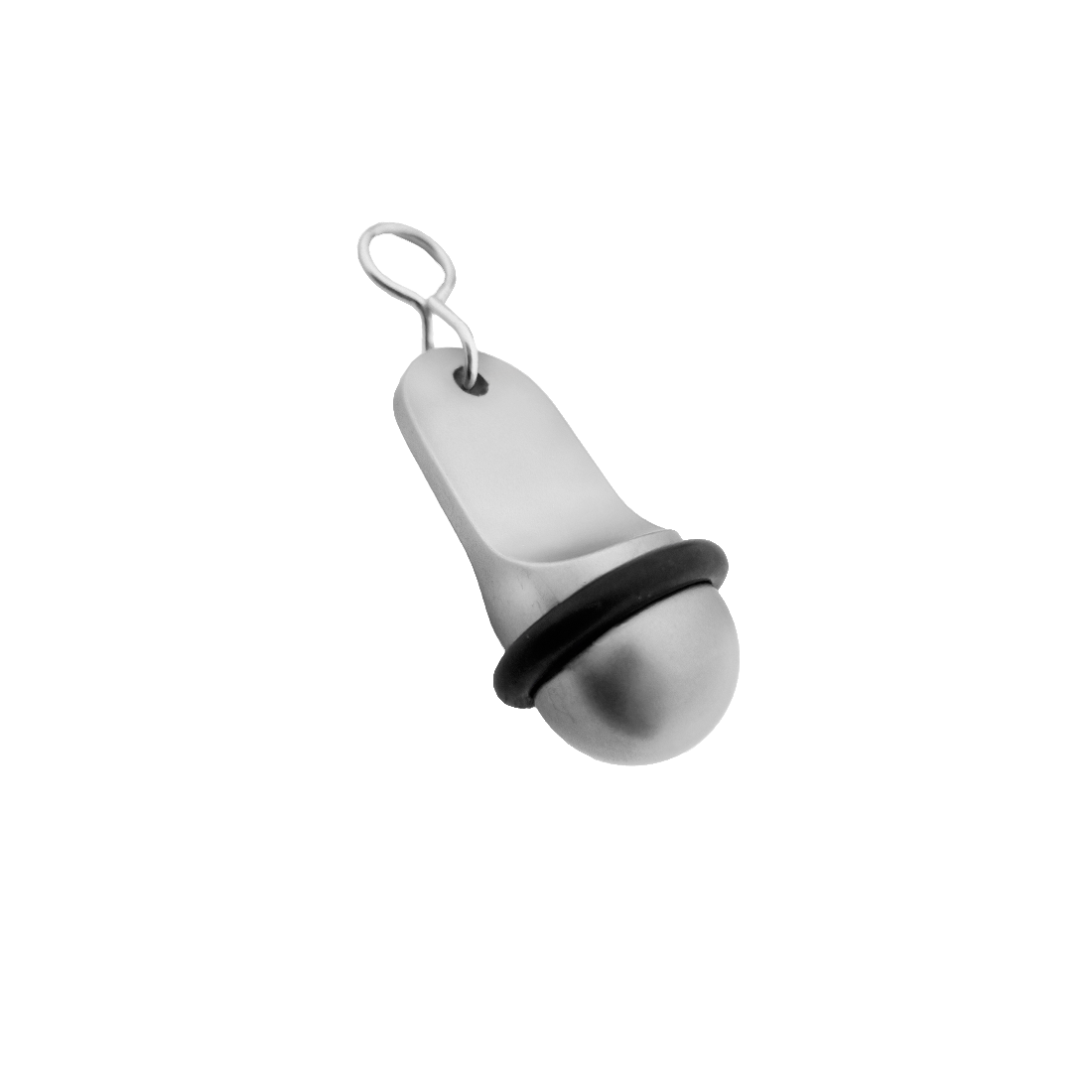 Side view of the small silver aluminium hotel key tag (60x25mm) with a silver S-hook fastener and black rubber protection ring.