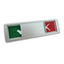 Upright silver frame status indicator sign showing partial views of a green tick and a red cross with the slider in the middle of both statuses. 
