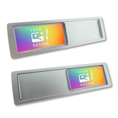 Custom Sliding Door Sign with Two Status Options – Silver Frame
The top example shows the left status panel visible while the slider covers the right status. In contrast, the bottom example displays the right status panel, with the slider covering the left.