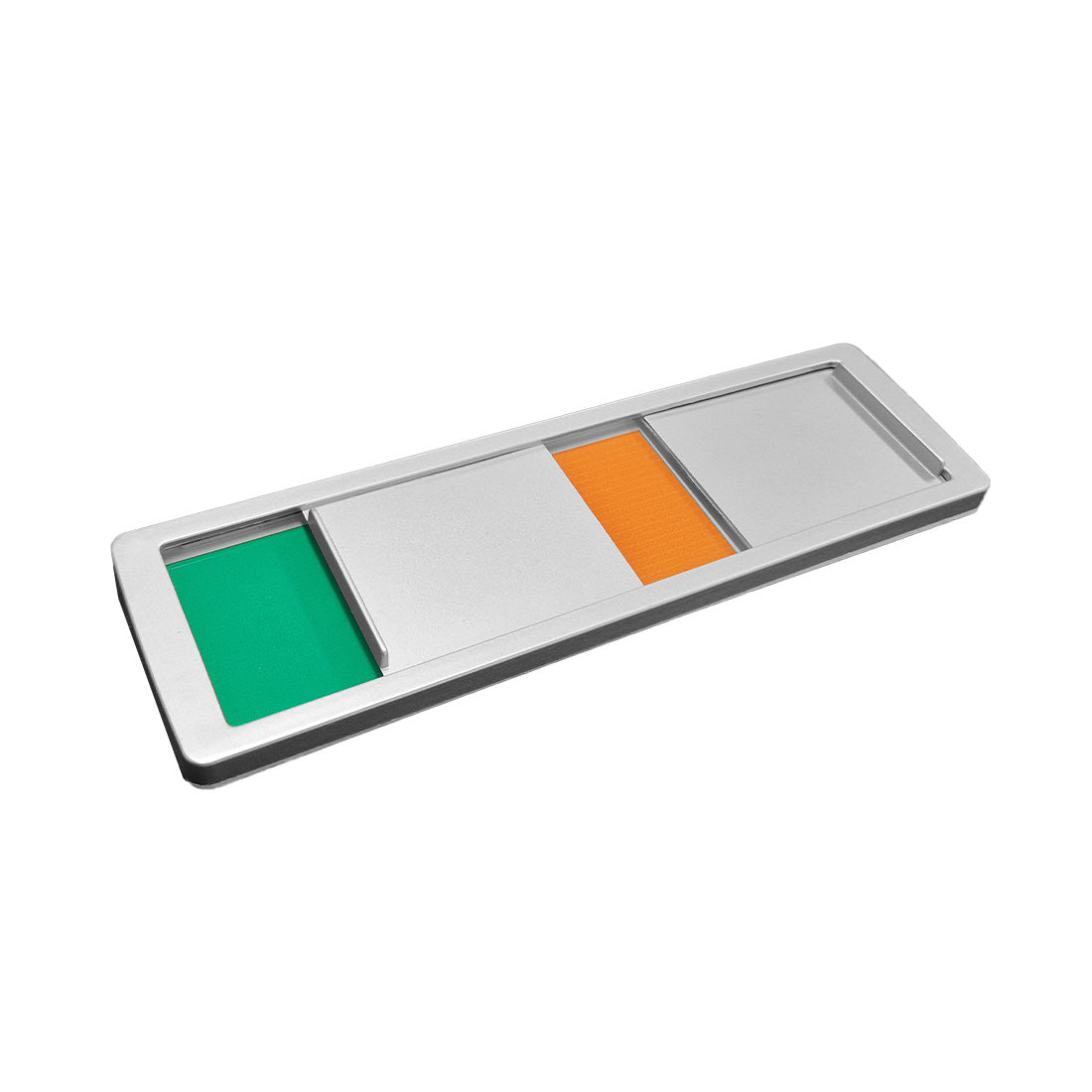 Flat lay of the Silver Frame Green/Orange/Red sliding sign. One slider is on Red, the other positioned mid-Green/Orange, illustrating status selection.