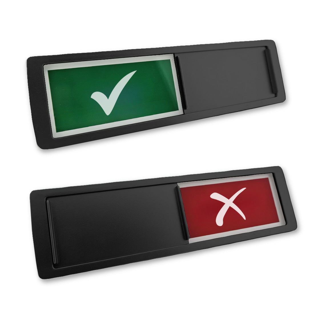 Black frame Sliding indicator sign for children, entrance, equipment use, yes/no showing a green check mark (top) and a red X (bottom).